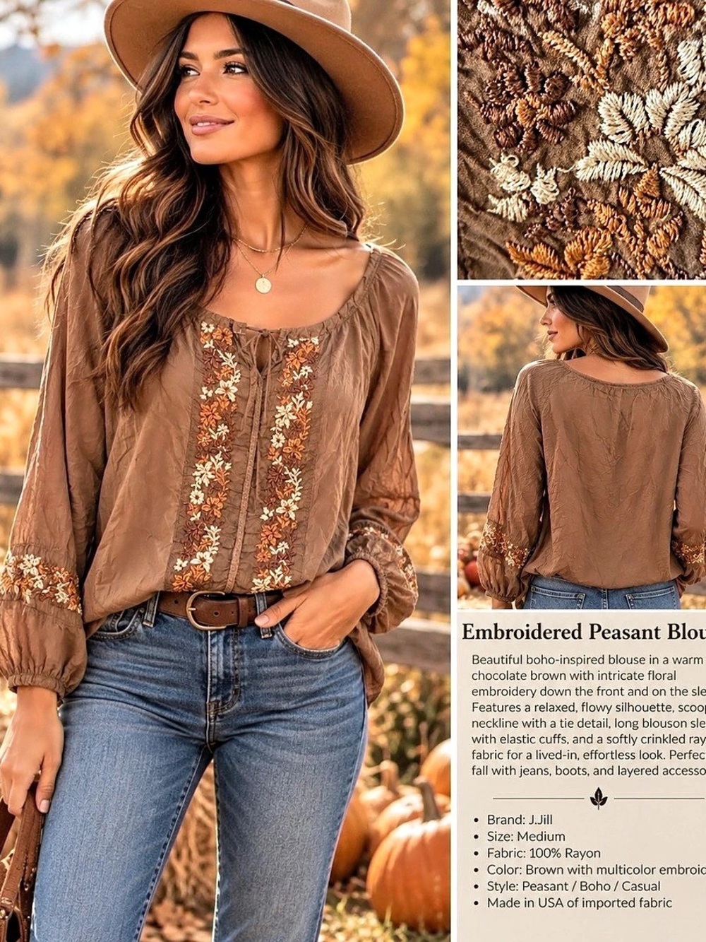 J. Jill Embroidered Peasant Blouse Floral Embroidered Brown Blouse Size Medium